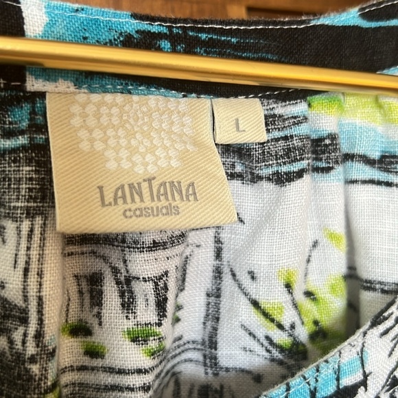 100% Linen LANTANA CASUALS Artsy Abstract Print Button Down | L - Picture 3 of 9